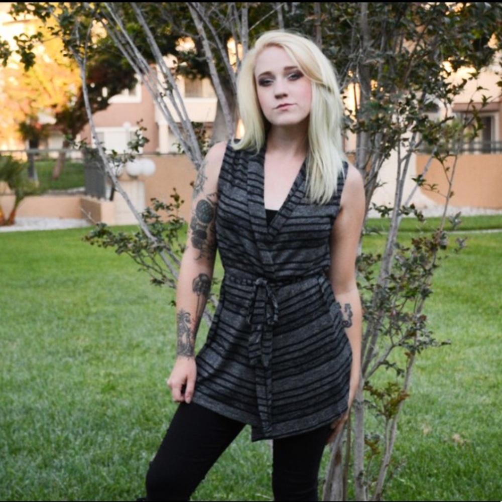 Grey and Black Stripped Sleeveless Shall Blouse